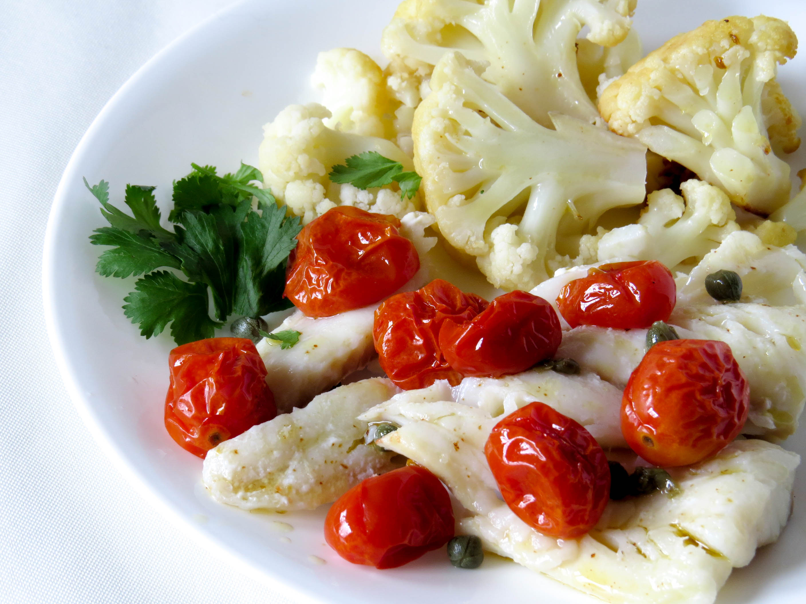 Cod with Roasted Tomatoes, Capers and Cauliflower