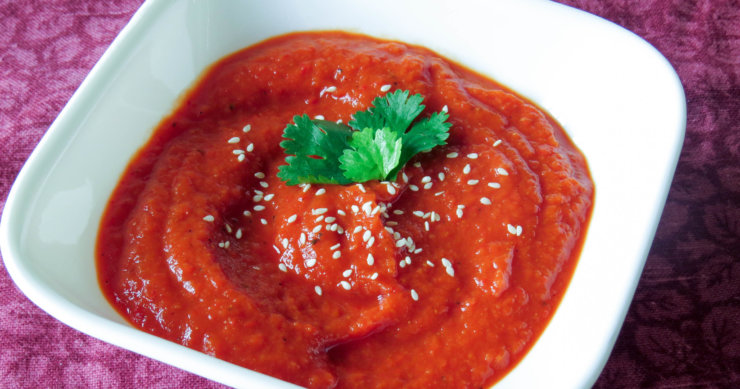 Roasted Red Pepper Sweet Potato Soup with Tahini
